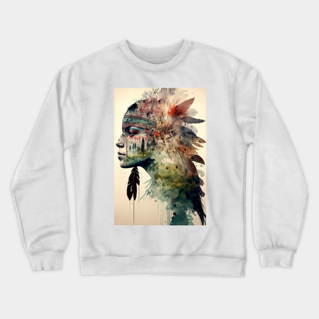 Native American Double Exposure Watercolor Painting Crewneck Sweatshirt by TortillaChief